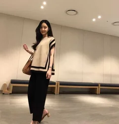 Summer Ice Silk Women's tracksuit Knitted Patchwork O-neck Short Sleeve Loose Tops + Wide Leg Pants Two Piece Set Female Korean