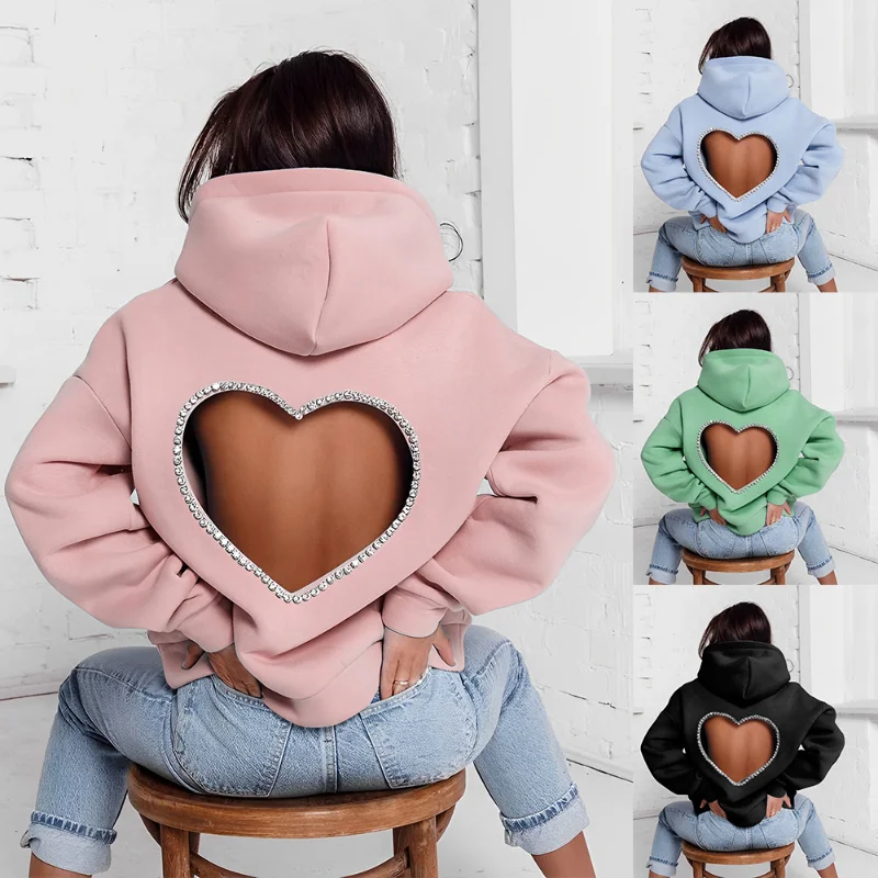 2023 Autumn and Winter New Hot Diamond Butterfly Sweater Thick Black Loose Hooded Loose Pullover Casual Top Crewneck Sweatshirt
