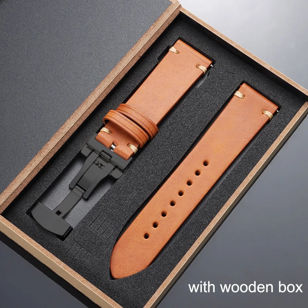 Elegant Top-Grain Leather Watch Band with Butterfly Buckle and Gift Box