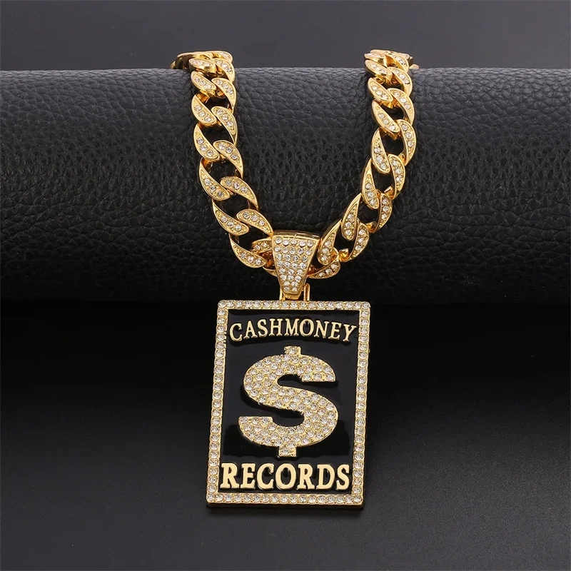 

Goth Dollar Sign Cash Money Records Iced Out Pendant Necklace Cuban Chain Hip Hop Jewlery Street Rapper Boyfriend Gift