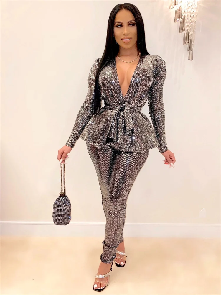 Wmstar Two Piece Set Women Clothing Party Sequins Sexy V Neck Top Leggings Matching Club Outfits Wholesale Dropshipping 2023