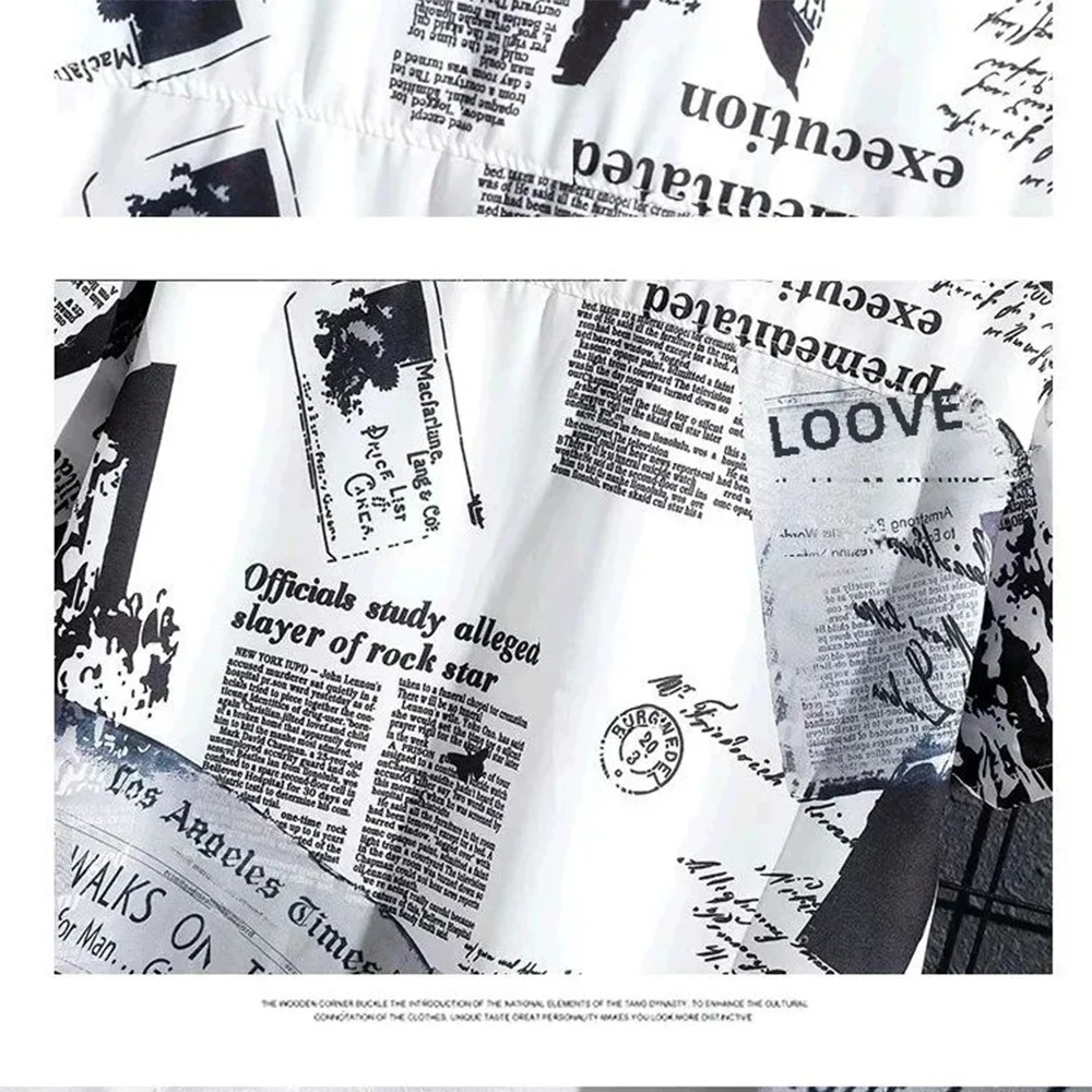 Summer Men's Short Sleeve Printed Shirt Thin Beach Top Seaside Casual Men's Essential Clothing Newspaper Printed Oversized Tops 4