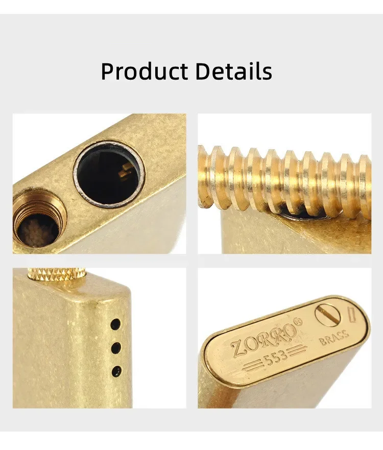 Description Picture 5 of itemZORRO Old-fashioned Retro Personality Brass Kerosene Lighter Outdoor Windproof Fire Box 10,000 Times Match Plug Screw Lighter