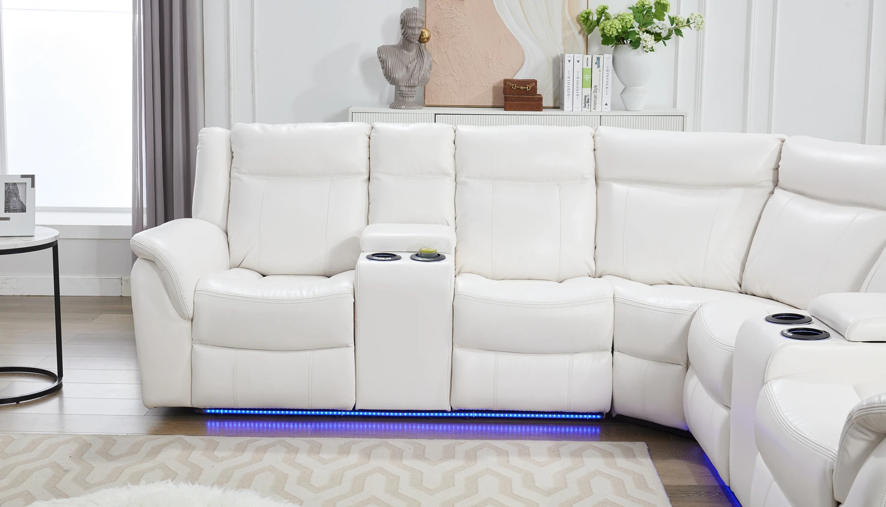 Power Recliner Sectional Sofa with LED Lights, USB, Cup Holders Storage Console Faux Leather Wall Hugger Living Room Couch