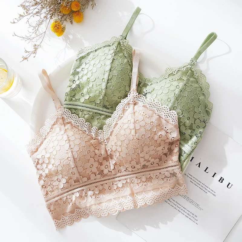 Wireless Embroidery Lace Bra Ice Silk Sling Women Underwear Sexy And Beautiful Back Tops Removable Chest Pad Brassiere 5
