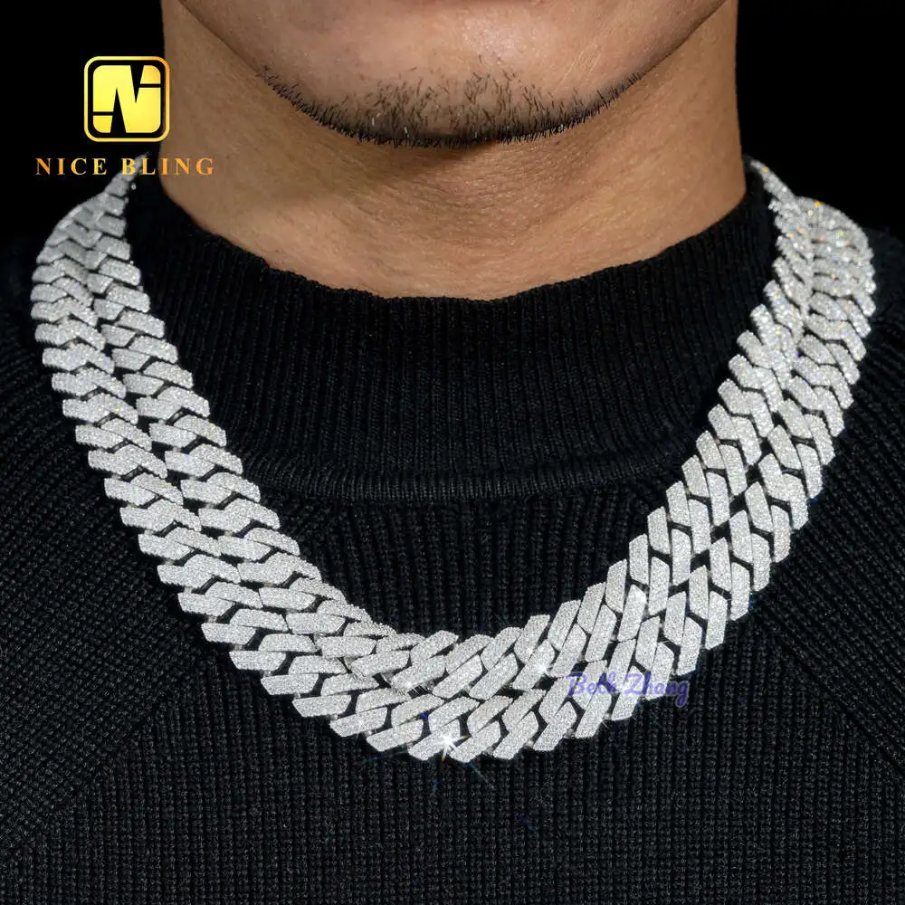 

Iced Out 3rows Cuban Moissanite Chain 925 Silver 14mm Miami Cuban Link Men Fashion Vvs Lab Diamond Prong Cuban Necklace Bracelet