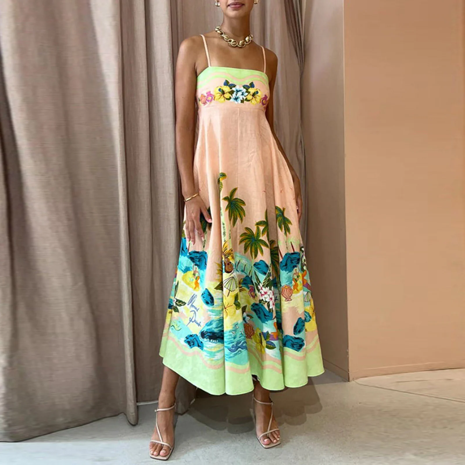 

Women Aesthetic Spaghetti Strap Dress Summer Animal/Flower Print Sleeveless A-Line Party Dress for Vacation Cocktail Streetwear