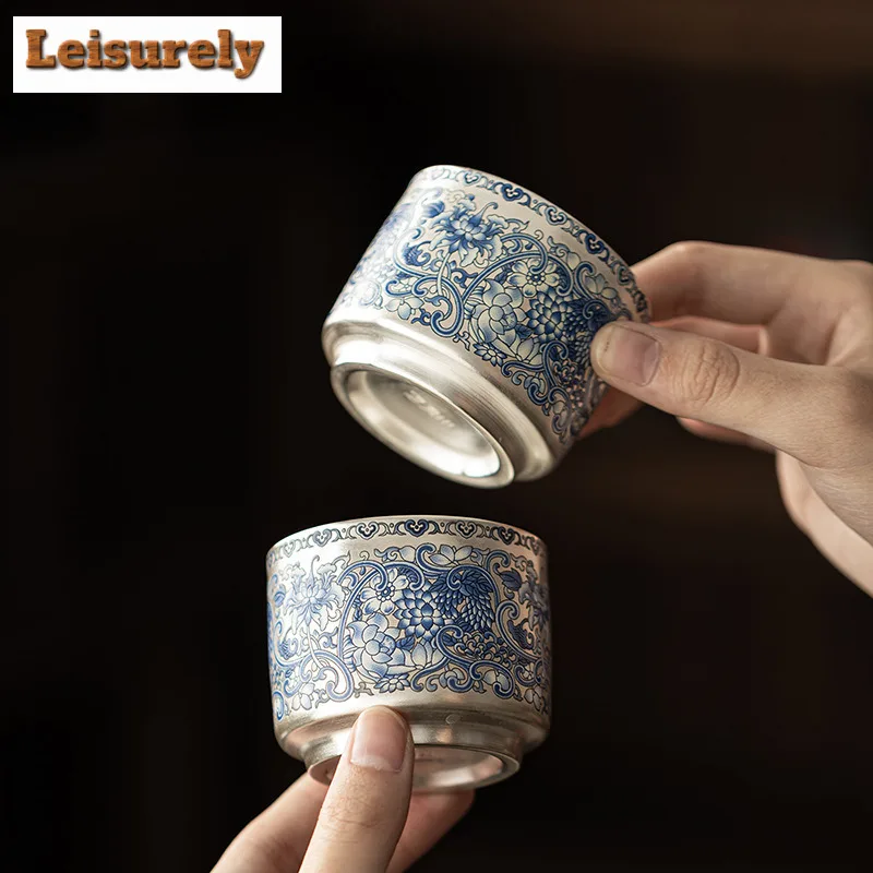 2pc/lot Handmade Twining Lotus Silver-plated Teacup Zen Tea Bowl Mug Tea-tasting Smelling Cup Jianzhan Master Cups Teaware Gifts