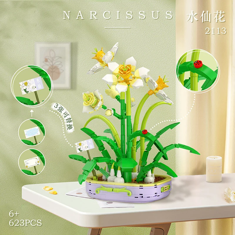 

City Creative Flower Series Narcissus Potted Tabletop Decoration Micro Building Blocks Toys Christmas Gifts