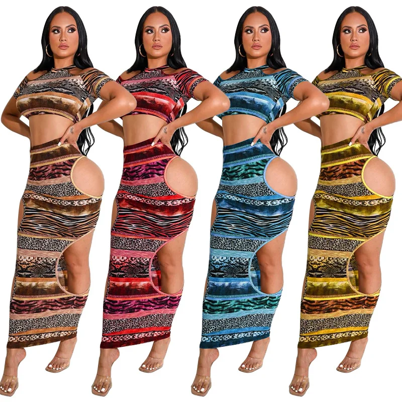 

Women Print Two Picec Sets 2022 Summer Spring New Short Sleeve T Shirt Crop Top Sexy Hollow Out Slim Skirt Sets