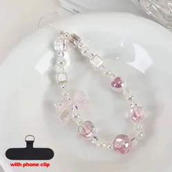Colorful Beaded Phone Charm Bracelet with Bow Design (Pink)