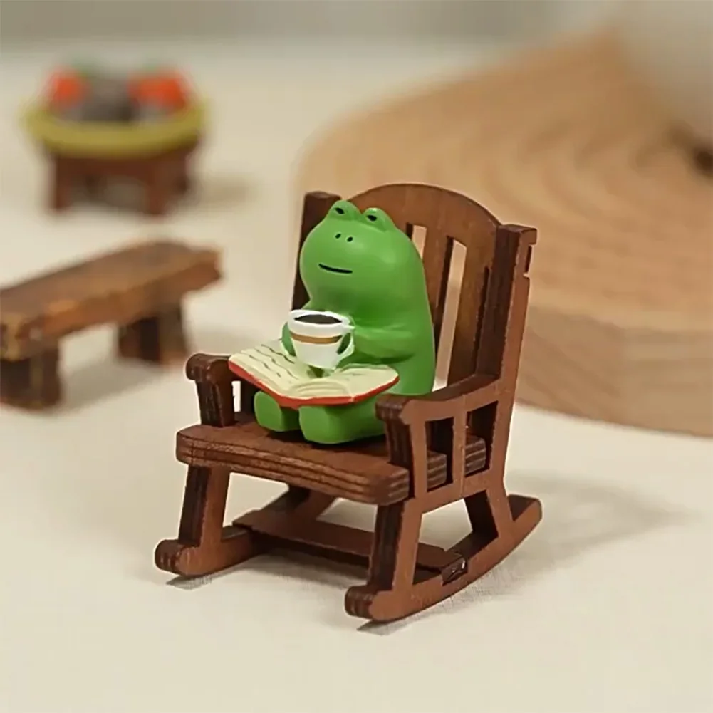 Adorable Mini Frog Resin Figurine in Rocking Chair Design with Book and Coffee Cup Decor