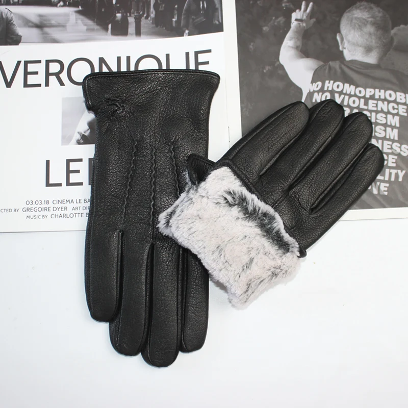 GANT,Faux rabbit fur-12--Gants en peau de cerf pour hommes, doublure en fourrure de lapin