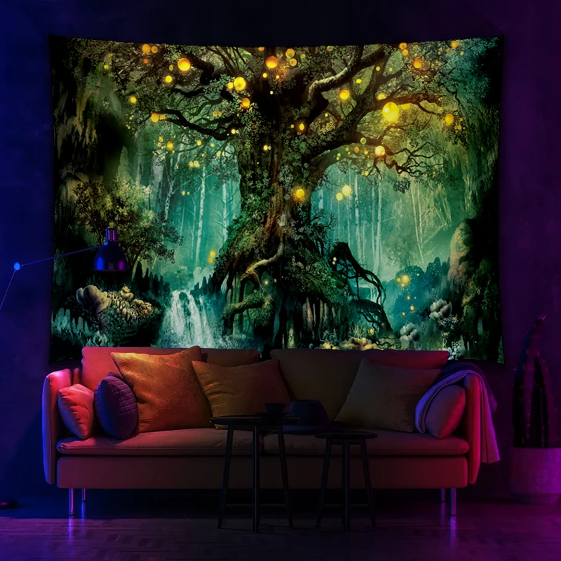 

Green Forest Tree Lamp Printed UV Fluorescent Tapestry For Wall Hanging Cloth Living Room Bedroom Independent Room Decoration