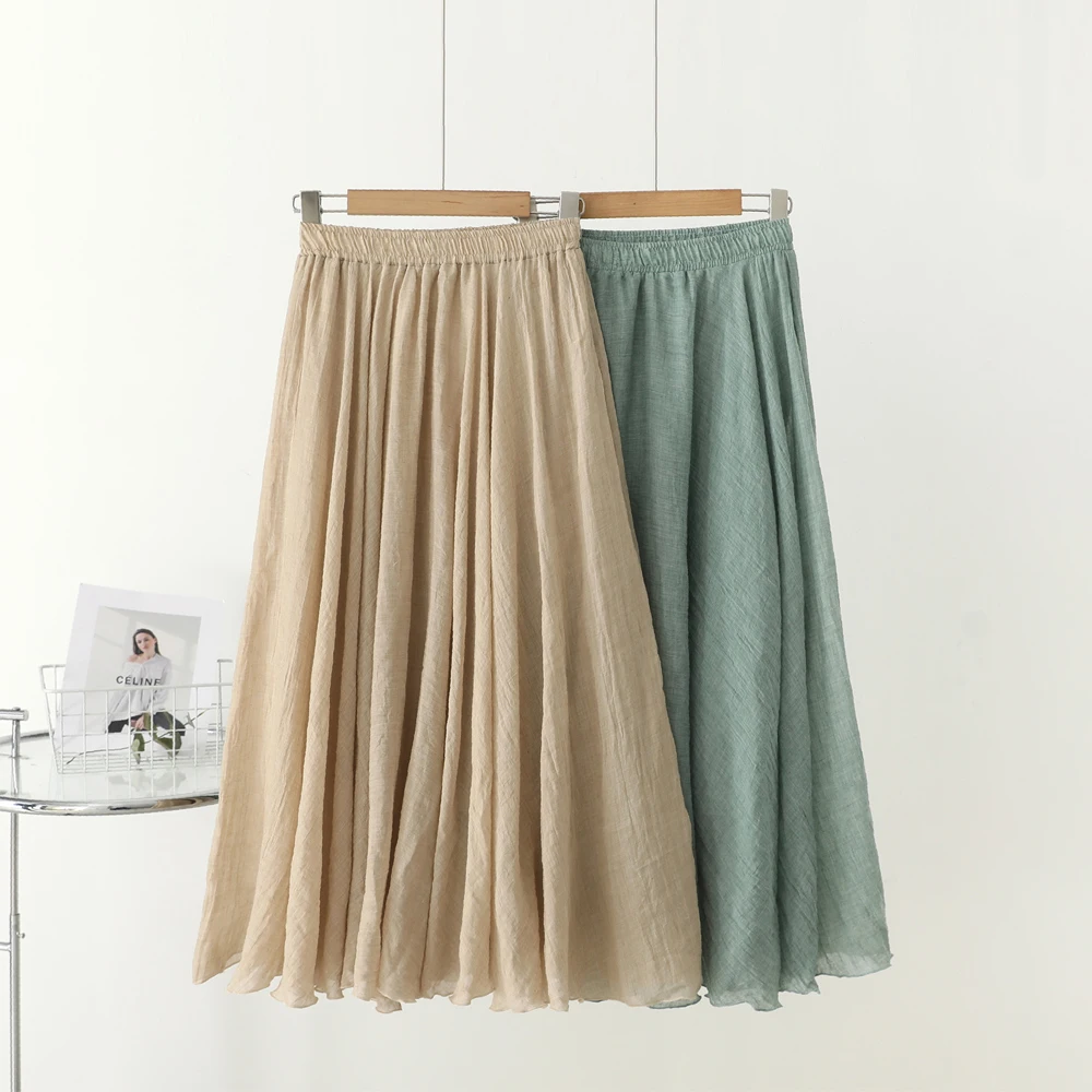 

SISHION Two-Layer Cotton Linen Long Skirt 2023 Summer New Elastic Waist Apricot Green Women Retro Casual Skirts VD4085