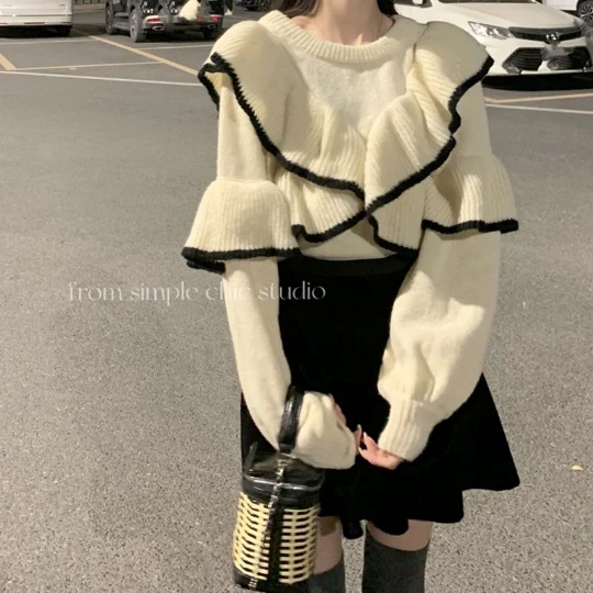

White New Trend Wavy Edge Women Sweater 2023 Fashion Lady Coat Pullover Woman Tops Women's Sweater Winter Clothes Girl Suéter