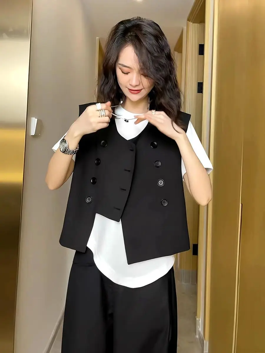 Women Vest Black Double-breasted Vintage Sleeveless Cardigan Cropped Jacket Irregular Coat Office Lady Tank Tops New Vests