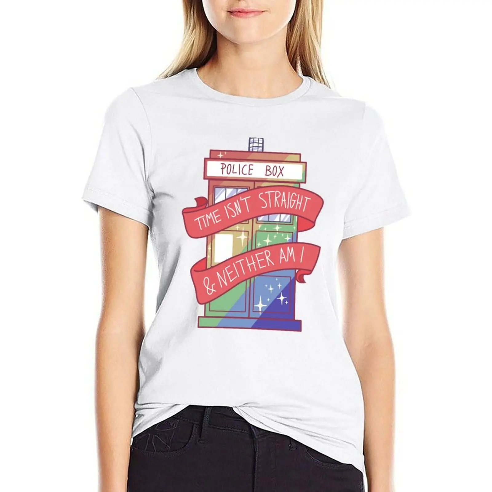 

Time isn_t straight and neither am I T-shirt Short sleeve tee cute tops tshirts for Women