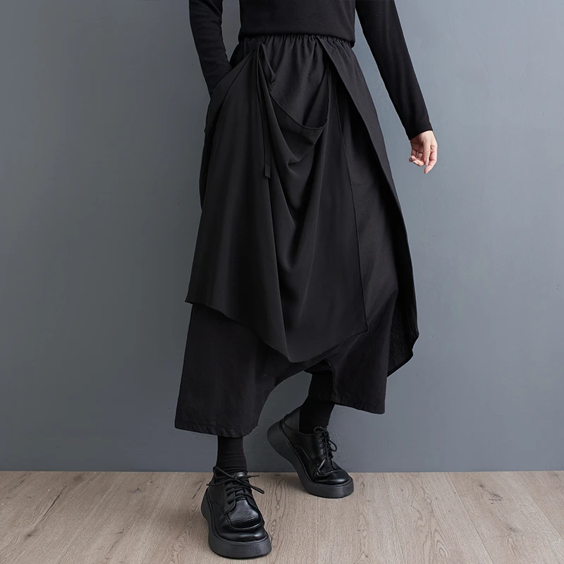 

8051 High Elastic Waist Irregular Long Black Harem Pants New Loose Fit Trousers Women Fashion Tide Spring Autumn 2023