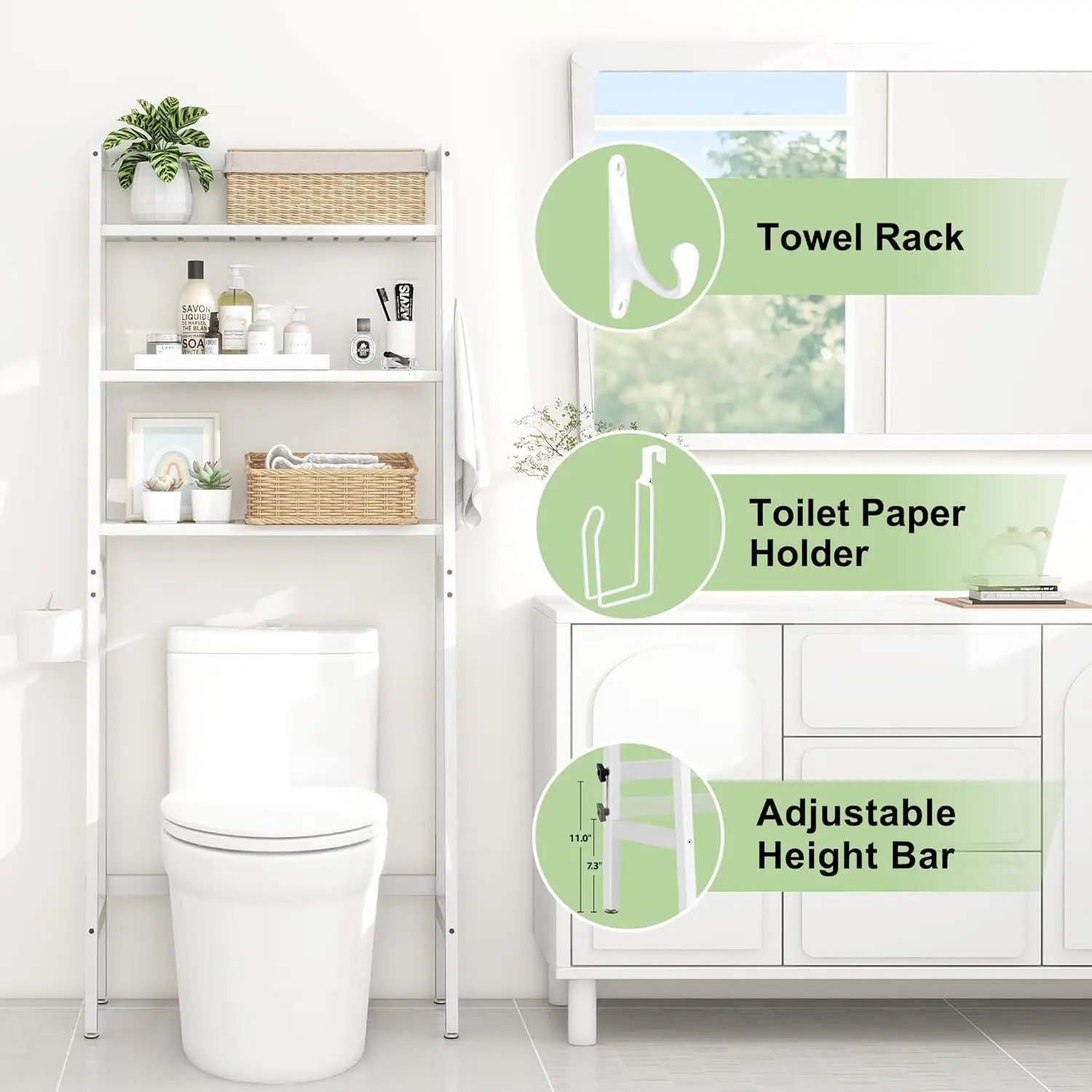Over-The-Toilet Storage, 3-Tier Wooden Rack. Space Saver Organizer, Freestanding. With Toilet Paper Holder & Hooks. White.