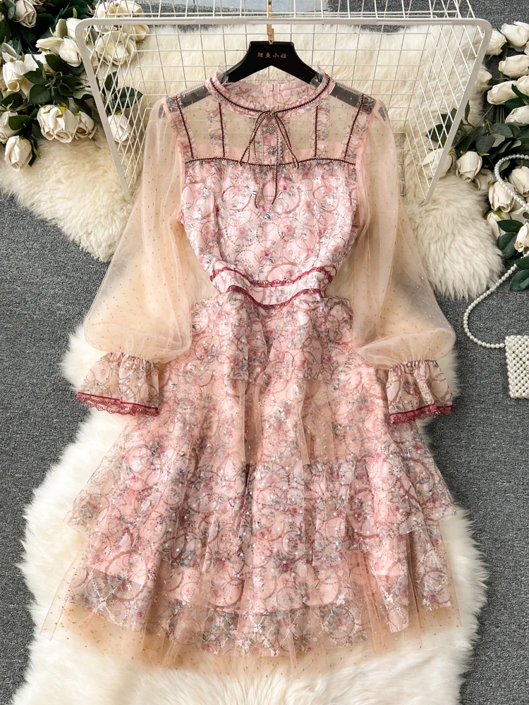 

FTLZZ Spring Elegant Women Stand Collar Bow Puff Sleeve Mini Dress Casual Lady Lace Mesh Patchwork Ruffled Dress