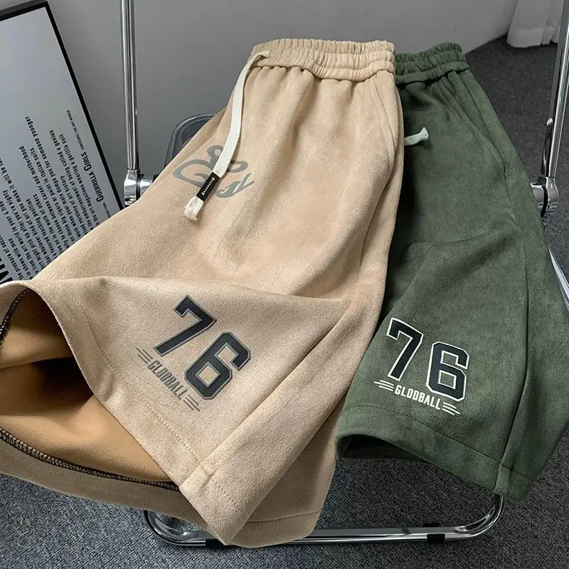 Suede ins trendy brand American shorts men's summer drawstring loose casual shorts street basketball sports pants y2k pants emo