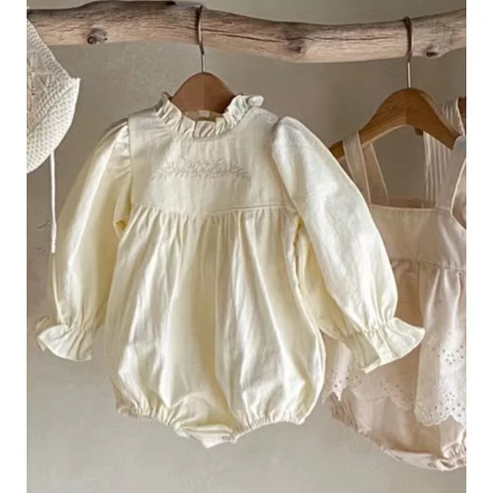 

LILIGIRL Cute Flower Princess Bodysuit Infant Clothes Girl Kid Embroidery Puff Sleeves Jumpsuit Toddler Solid Mullet Collar