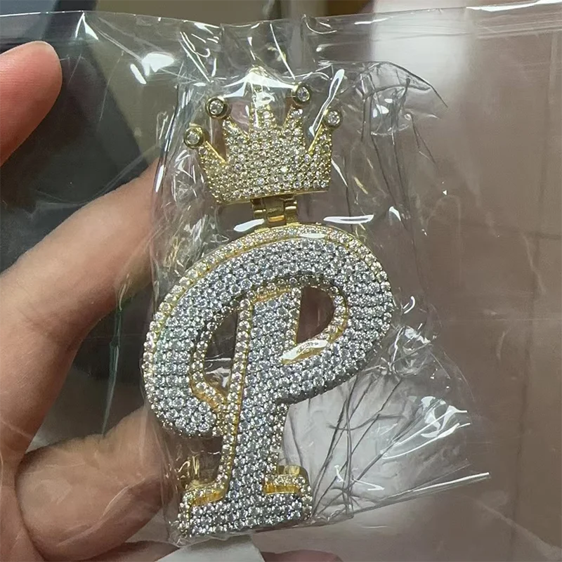 Hiphop Rock Iced Moissantie BP Letter Crown Pendant Pass Diamond Tester 925 Sterling Silver Plated 18k Gold Custom Jewelry