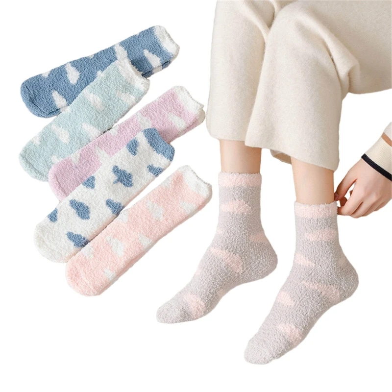 

6 Pairs Fuzzy Socks for Women Soft Cozy Slipper Socks Warm Winter Sleep Plush Bed Socks Clouds Ankle Socks