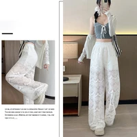 Blanc Sexy Dentelle Large Jambe Pantalon Femmes 2025 Nouveau Été Mince Haute Taille Creux Couture Avec Ceinture Chaîne Glace Soie Plancher Pantalons 3