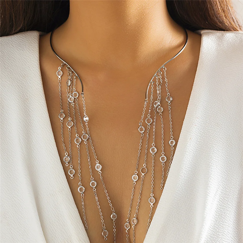 Sexy Goth Long Tassel Star Crystal Sequin Pendant Open Torques Choker Necklace for Women Vintage Chest Chain Wed Accessories New