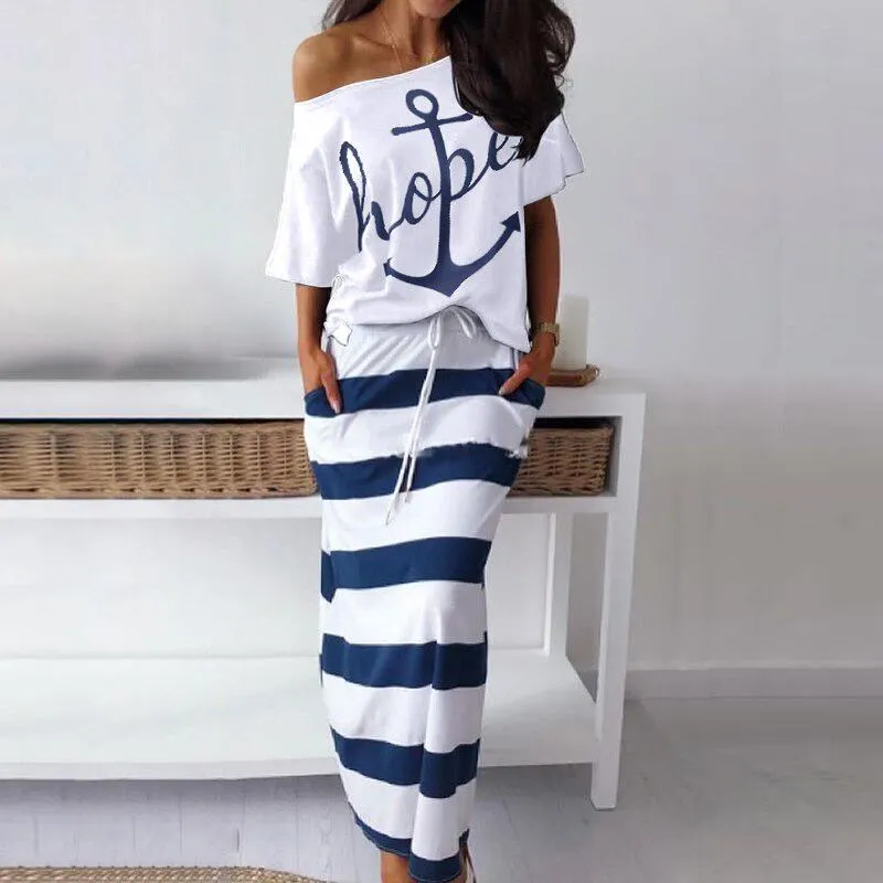 Women Off Shoulder Blouses T-shirt & Striped Maxi Dress Summer Slim Slash Neck 2 Pieces Sets Female Casual Ankle-Length Dress skirt and top Skirts