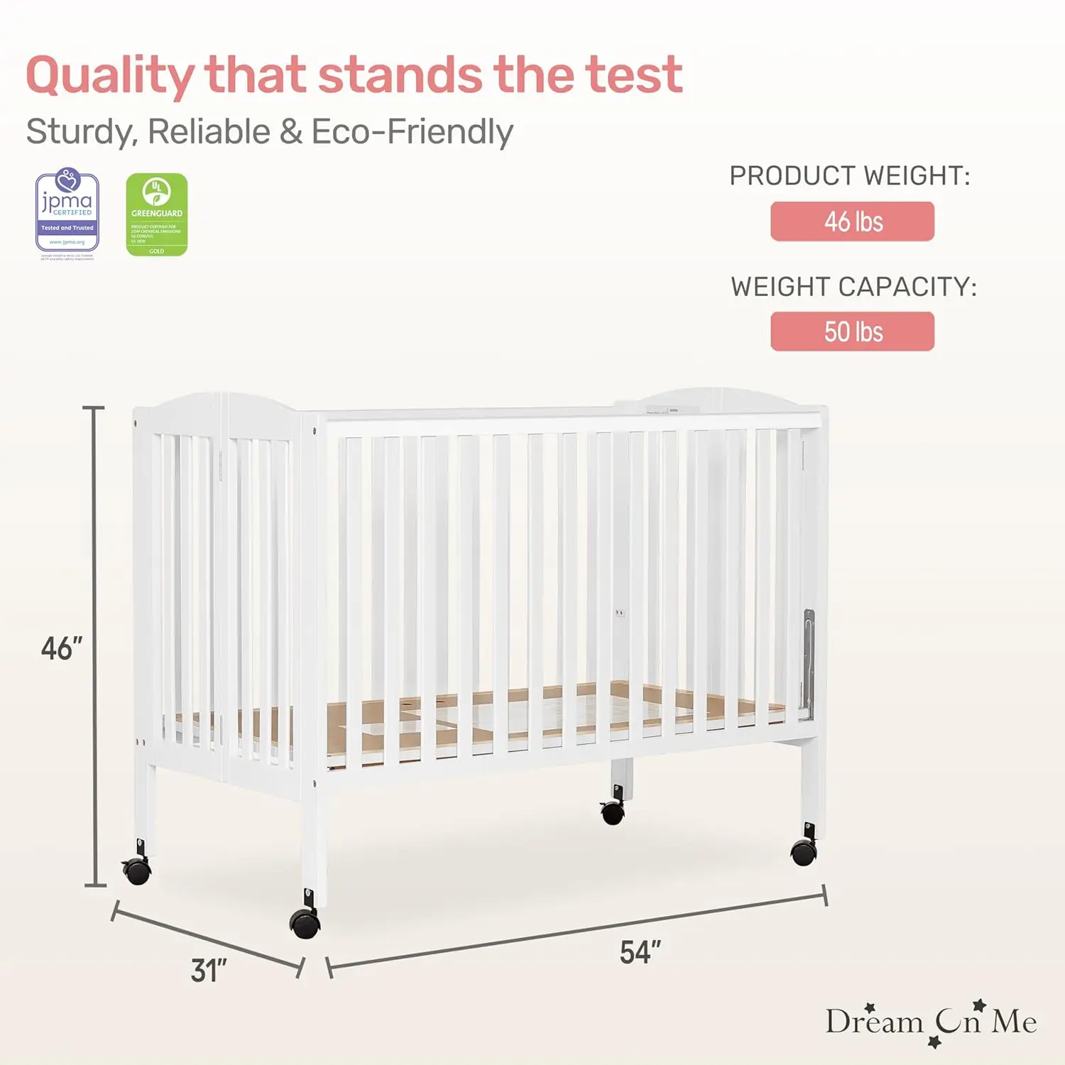 Full Size 2-in-1 Folding Stationary Side Crib In White, Locking Wheels, Folds Flat For Storage, Comes with Teething Guard
