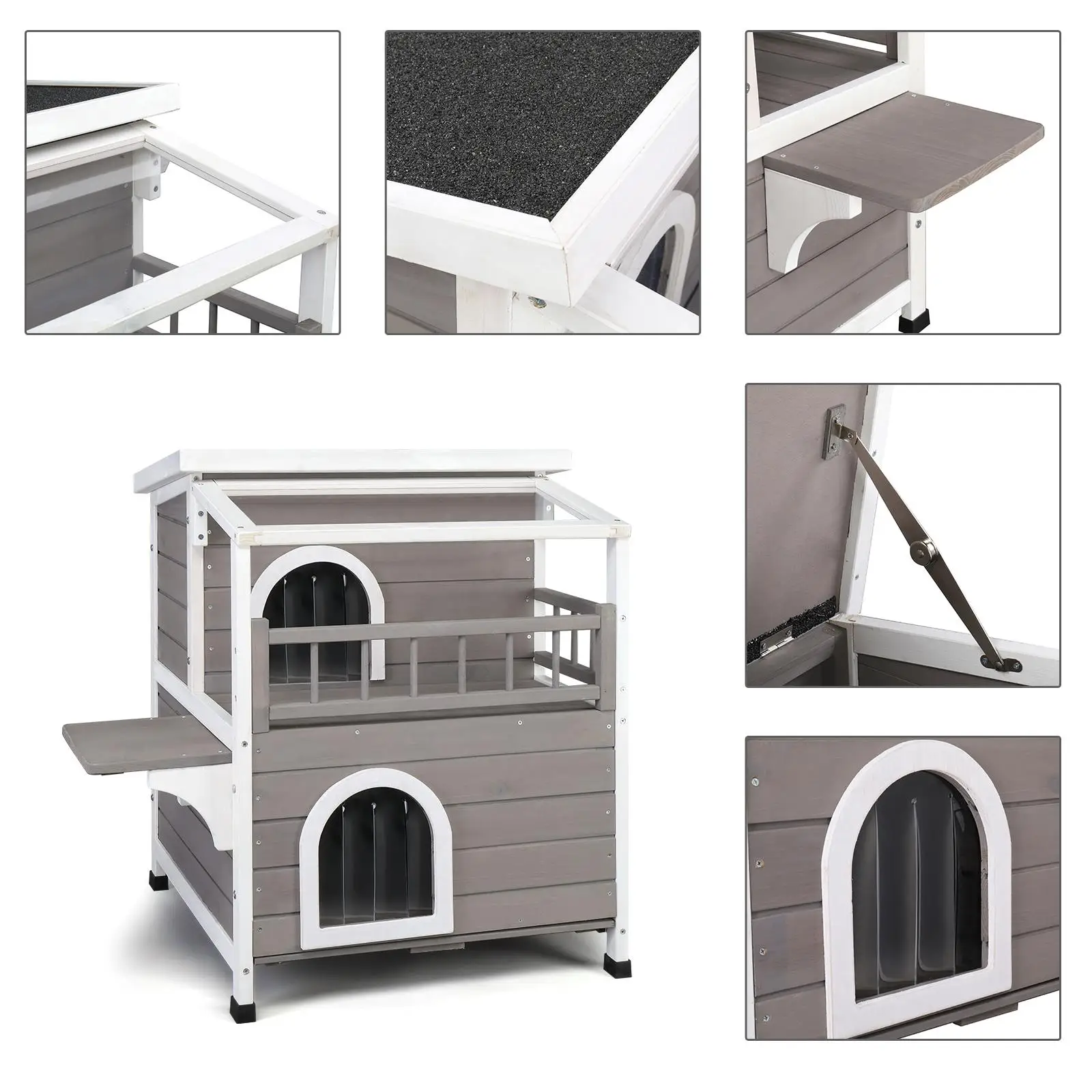 2-Story Luxury Wooden Cat House for Indoor/Outdoor Use-Weatherproof, Canopy, Balcony & Double Escape Door-Grey/White