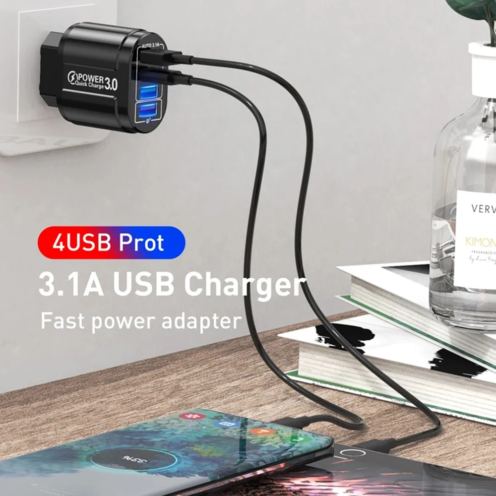 Chargeur de voyage portable QC3.0, charge rapide, 4 ports, 48W, 4USB, norme européenne, adapté pour Android, iPhone, Xiaomi, autres revie 2