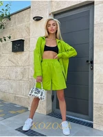 Summer Two Piece Set Women Shorts Suit Green Lapel Long Sleeve Shirts Sets Female Elegant Casual High Waist Pants Lady Outfits - Image 2