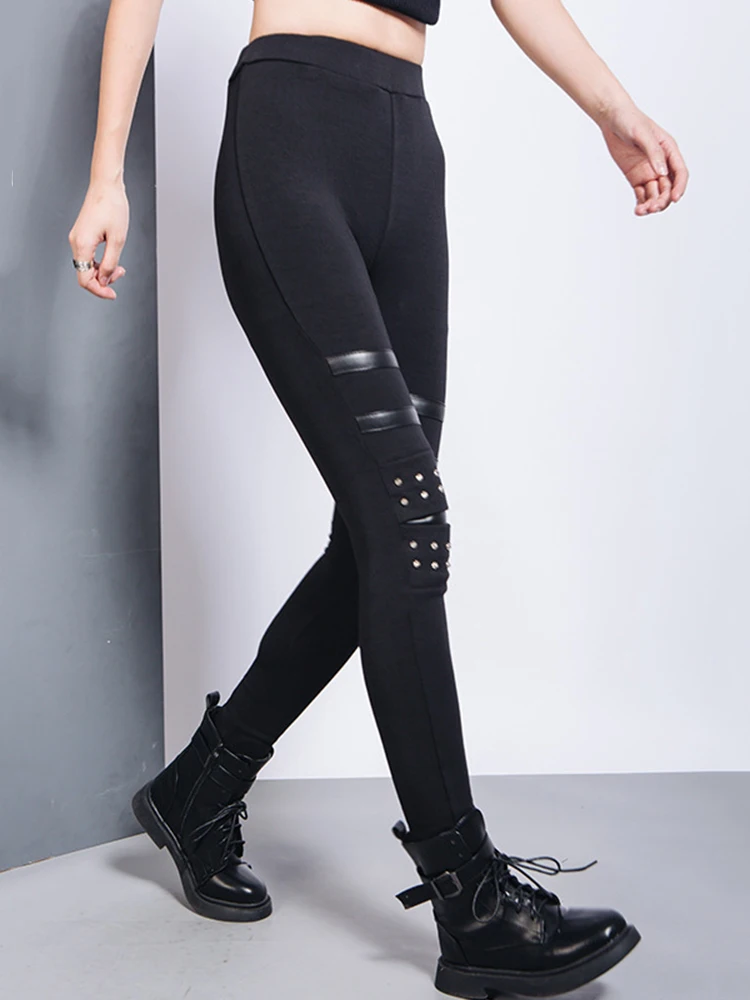 EAM High Elastic Waist Black Brief Long Rivet With Fleece Casual Pants New Trousers Women Fashion Autumn 2026 1DH7172