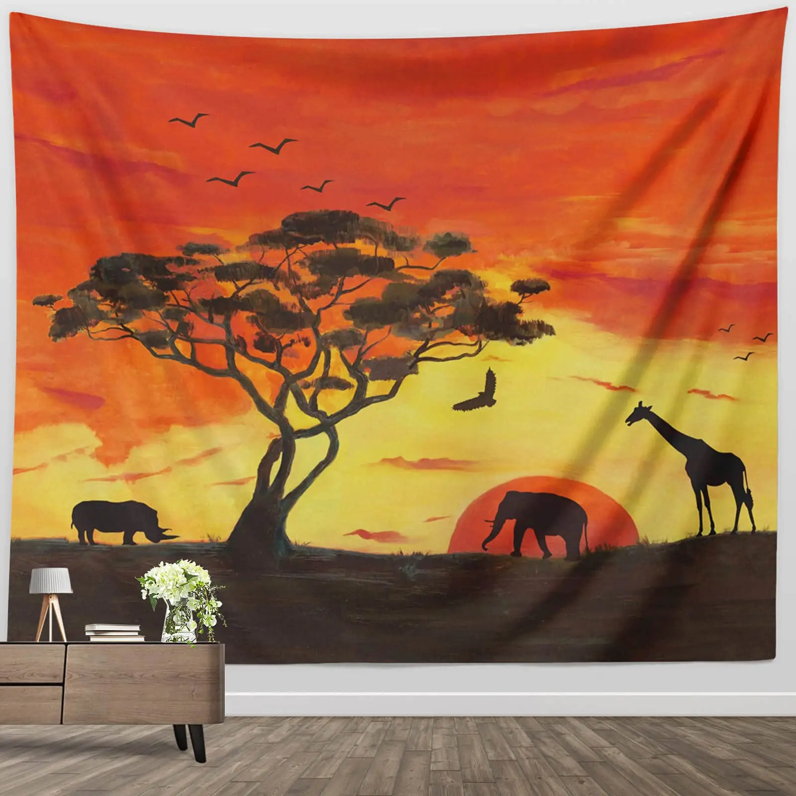 

Animal Tapestry,Safari African Graffe Elephant Tree Silhouette Tapestries Fabric Wall Hanging for Bedroom Living Room Wall Decor