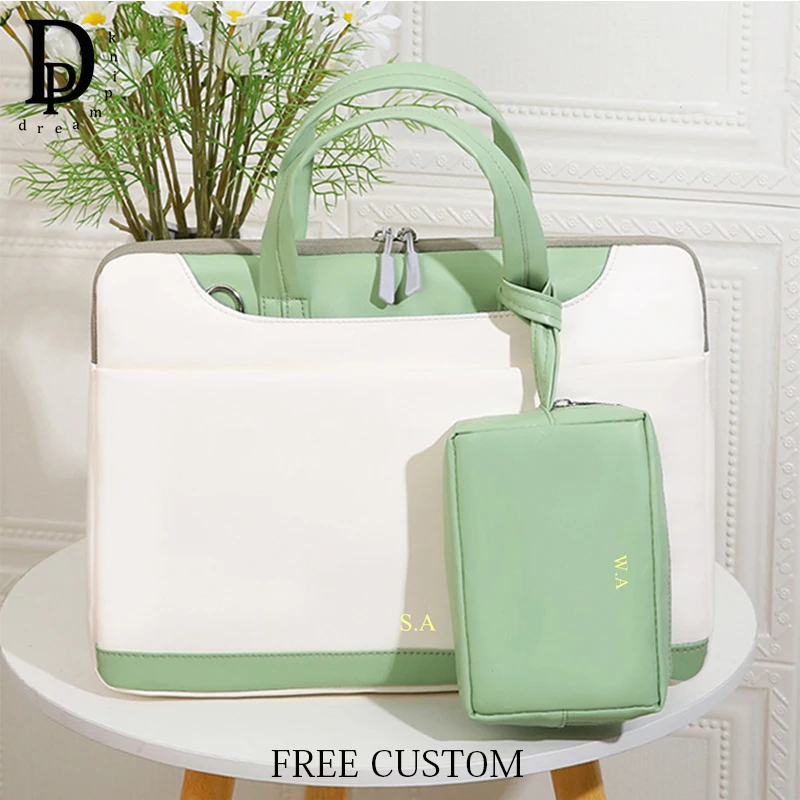 Large Capacity PU Leather Laptop Bag Custom Name Fashion Student Briefcase Business Office Travel Portable Mouse USB Storage Bag