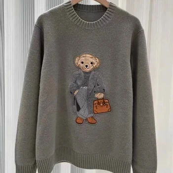 여성용 O-넥 곰 자수 니트 스웨터, 한국 루즈 긴팔 심플 풀오버, 여성 캐주얼 점퍼, 2024 초 용수철