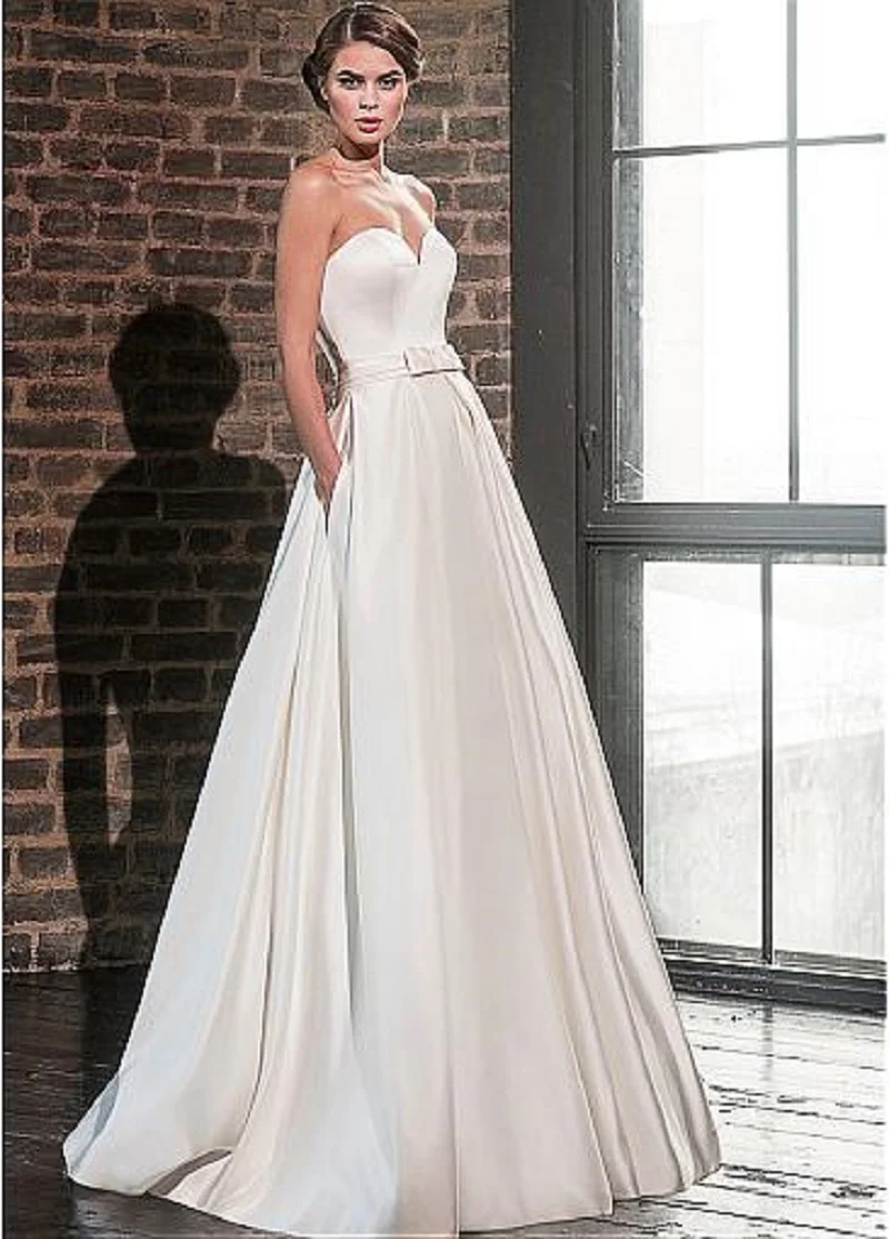 Elegant Sweetheart Satin Wedding Dress Met Kant Jacket Lange Mouwen Zakken 2022 Floor Lengte Bruidsjurken Robe De Mariage