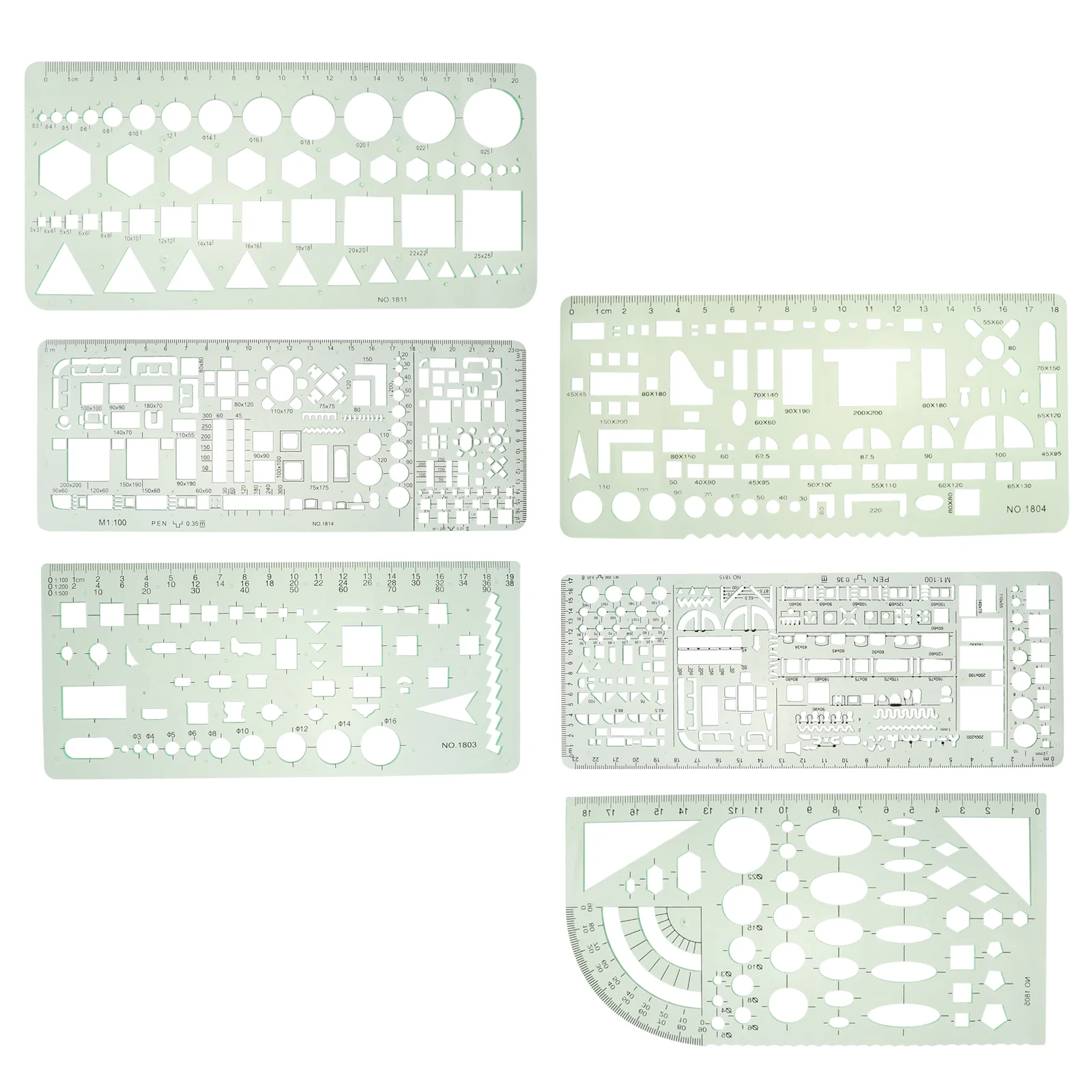 

6 Pcs Set Math Drawing Ruler Student Green Suits Architecture Measuring Tool Plastic Shape Template