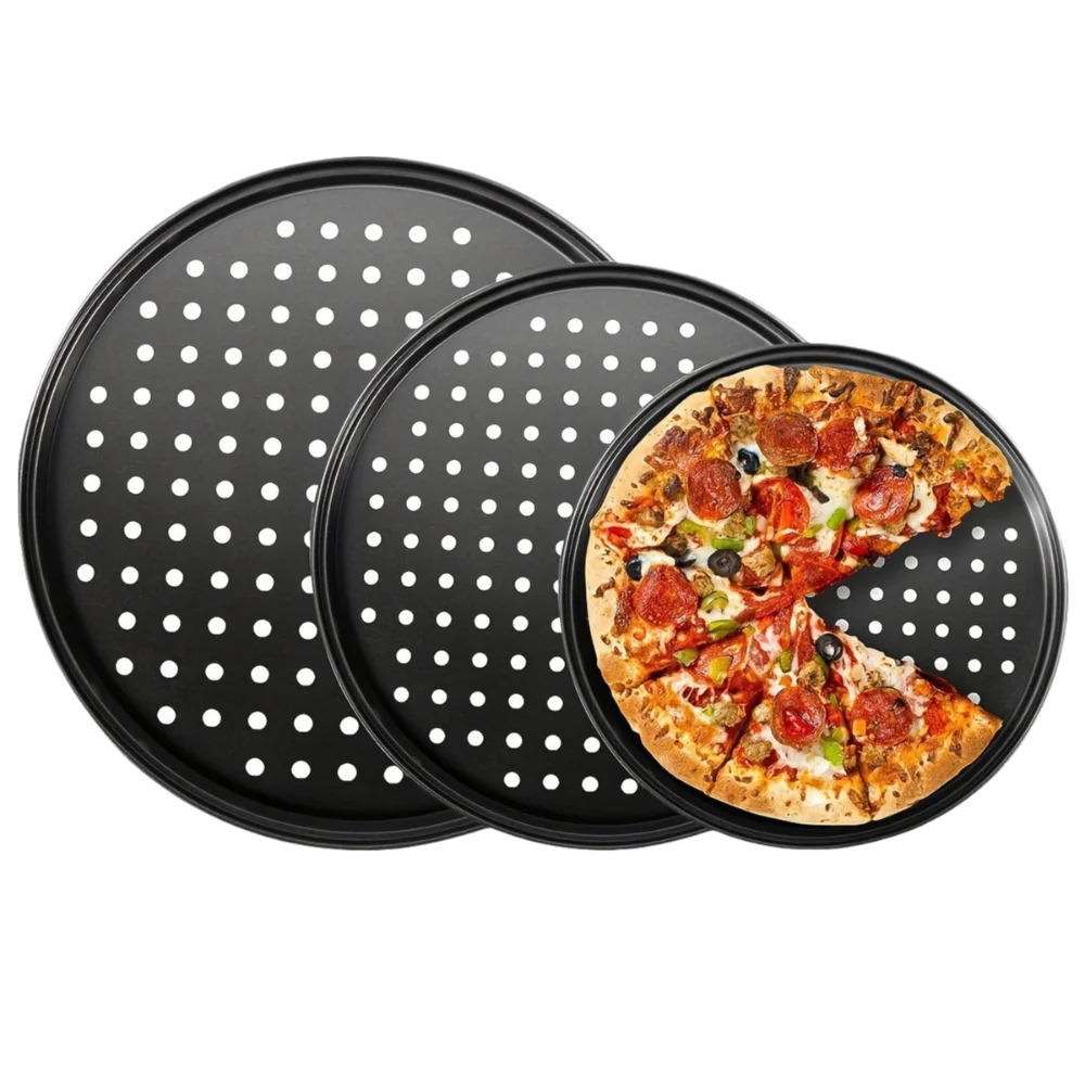 Carbon Steel Non-Stick Perforated Pizza Pan Set - 3-Piece Round Baking Tool for Crispy Crusts