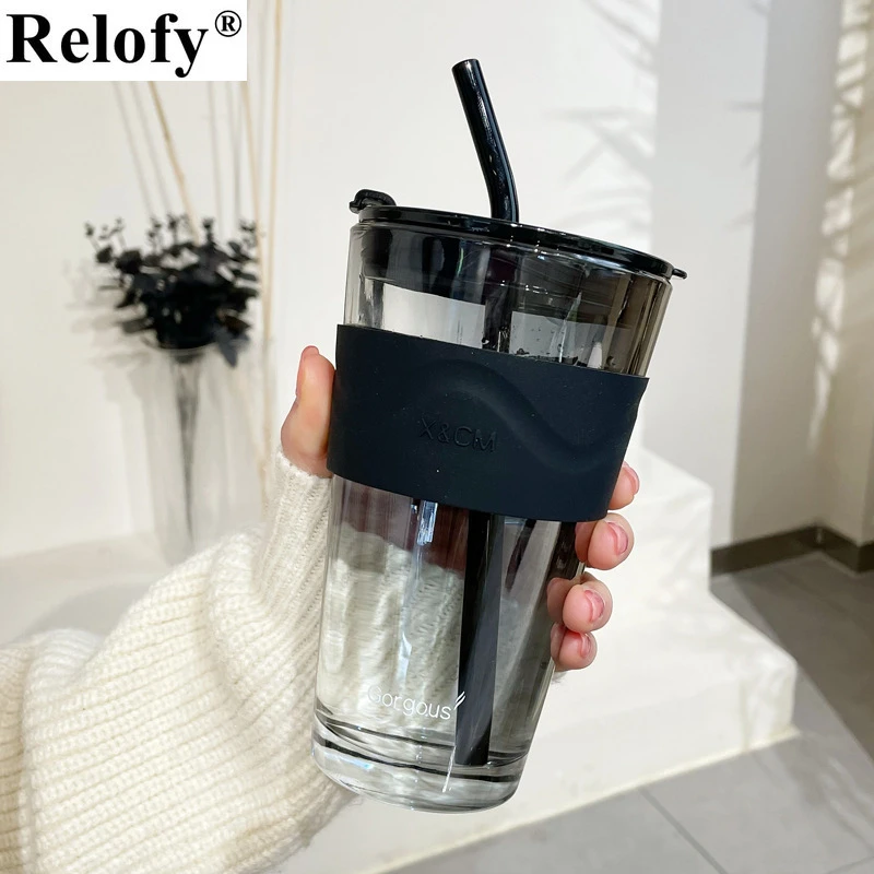 450ml Lead Free Glass Mug With Cup Sleeve And Lid Straw Coffee Cup Juice Glass Cute Coffee Mugs