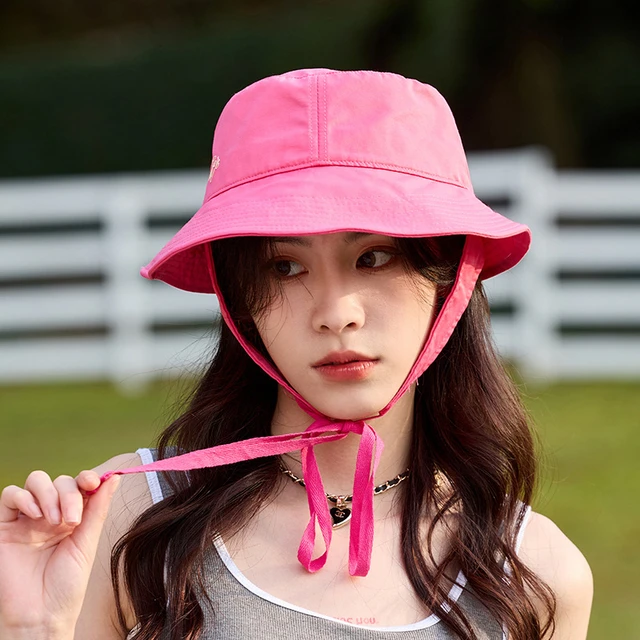 Korean Green Plum Red White Sunscreen Bucket Hat with String Women