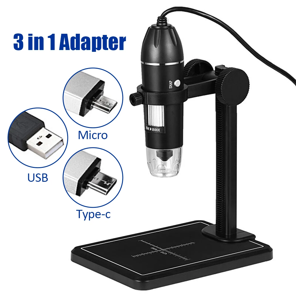 1600X 3 In 1 USB Digital Electronic Microscope 8 LEDs 2MP With Lift