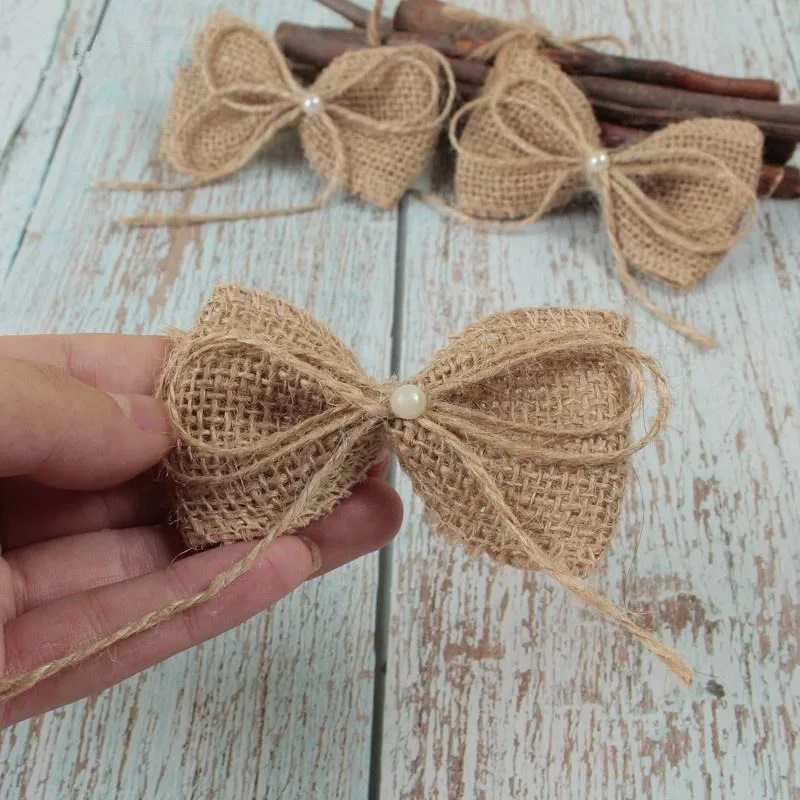 Jute Burlap Hessian Bow with Artificial Bead 10pcs/lot Vintage Wedding Decoration Handmade Craft DIY Christmas Decoration