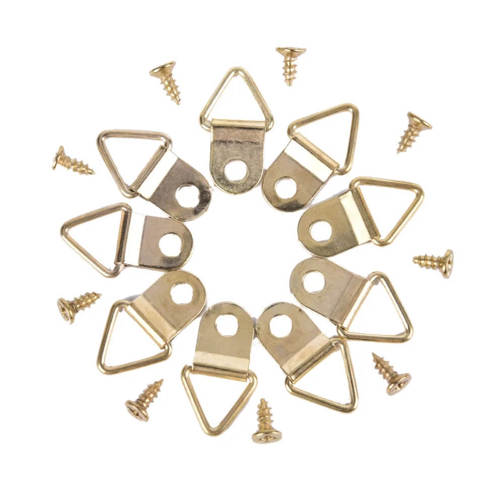 100pcs/Set Universal Strong Golden D Rings Decor Picture Frames Hanger Hooks Hanging Triangle With 100pcs Screws Helper wall hooks picture frame hangers hanging hooks