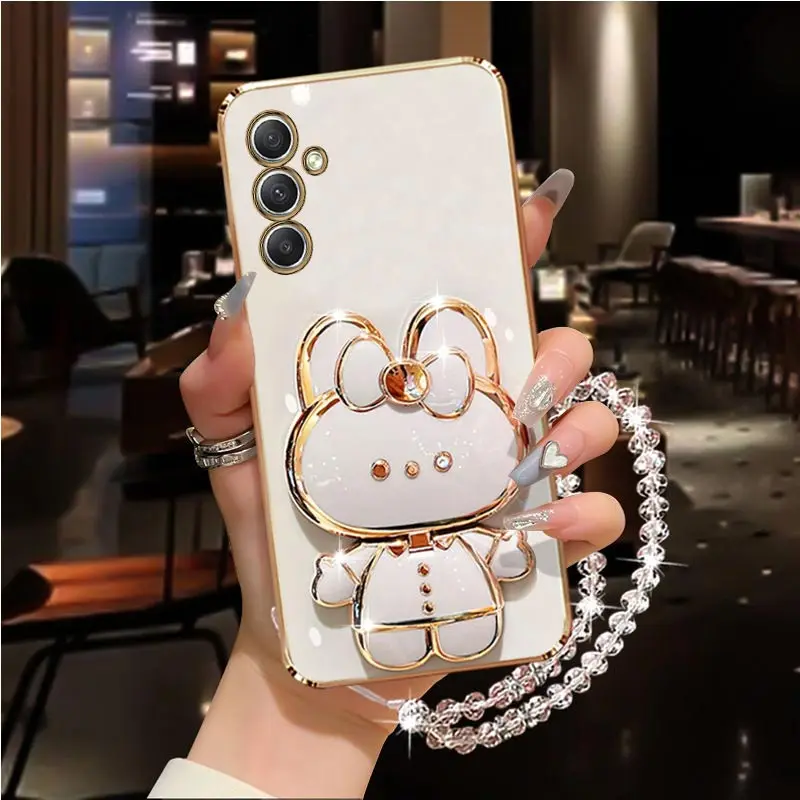 Diamond Strap Mirror Rabbit Phone Holder Case with Stand Cover