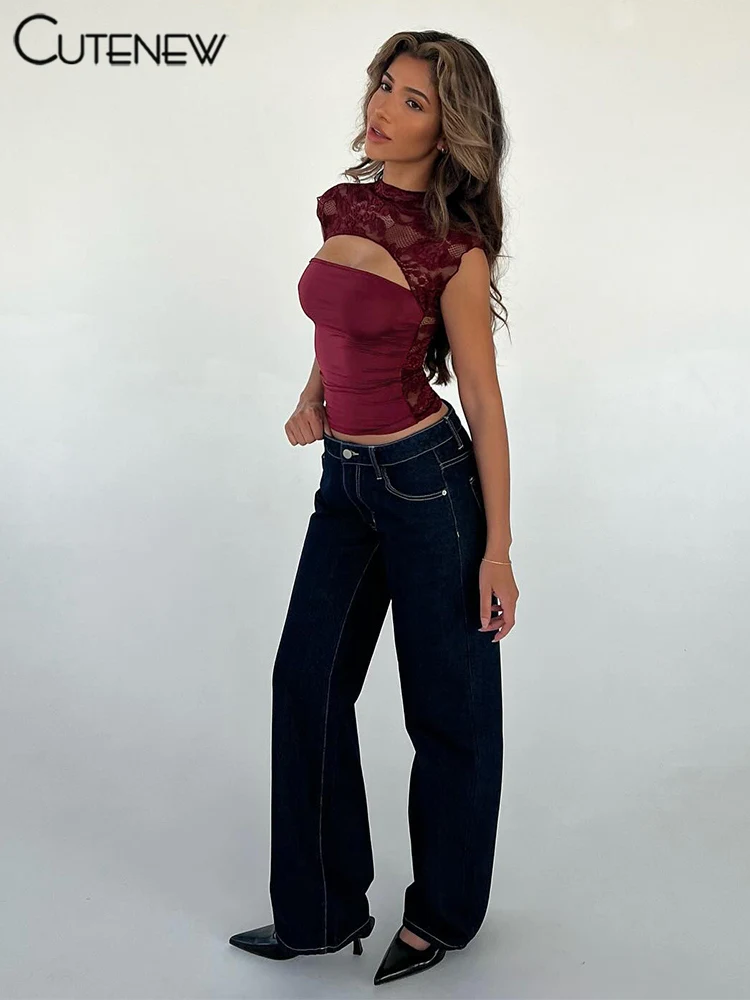 Chalecos de retazos de encaje para mujer, moda sexy, ahuecados, cuello redondo, Jacquard, transparentes, ajustados, elegantes, ropa de calle salvaje, tanques para mujer